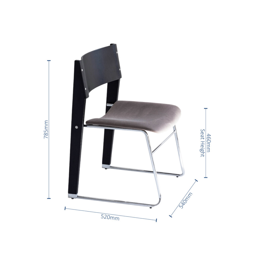 Side view of a modern chair with a dark backrest, light cushioned seat, and chrome legs. Dimensions are labelled: height 785mm, width 520mm, seat height 460mm, and depth 540mm.