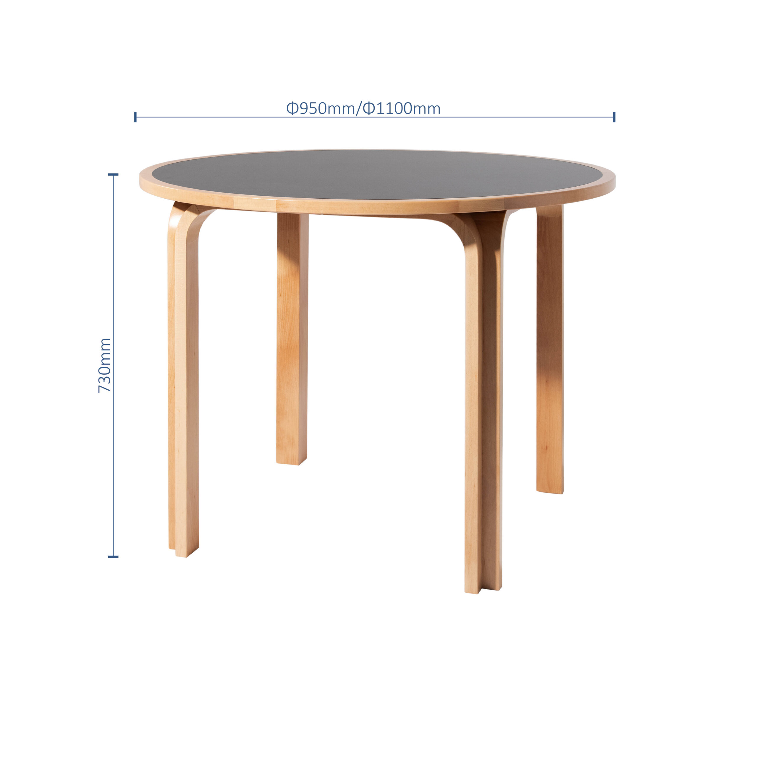 A round table with light wood legs and a black tabletop, measuring 730mm high and either 950mm or 1100mm in diameter. The table has four bent wooden legs and a minimalist design.