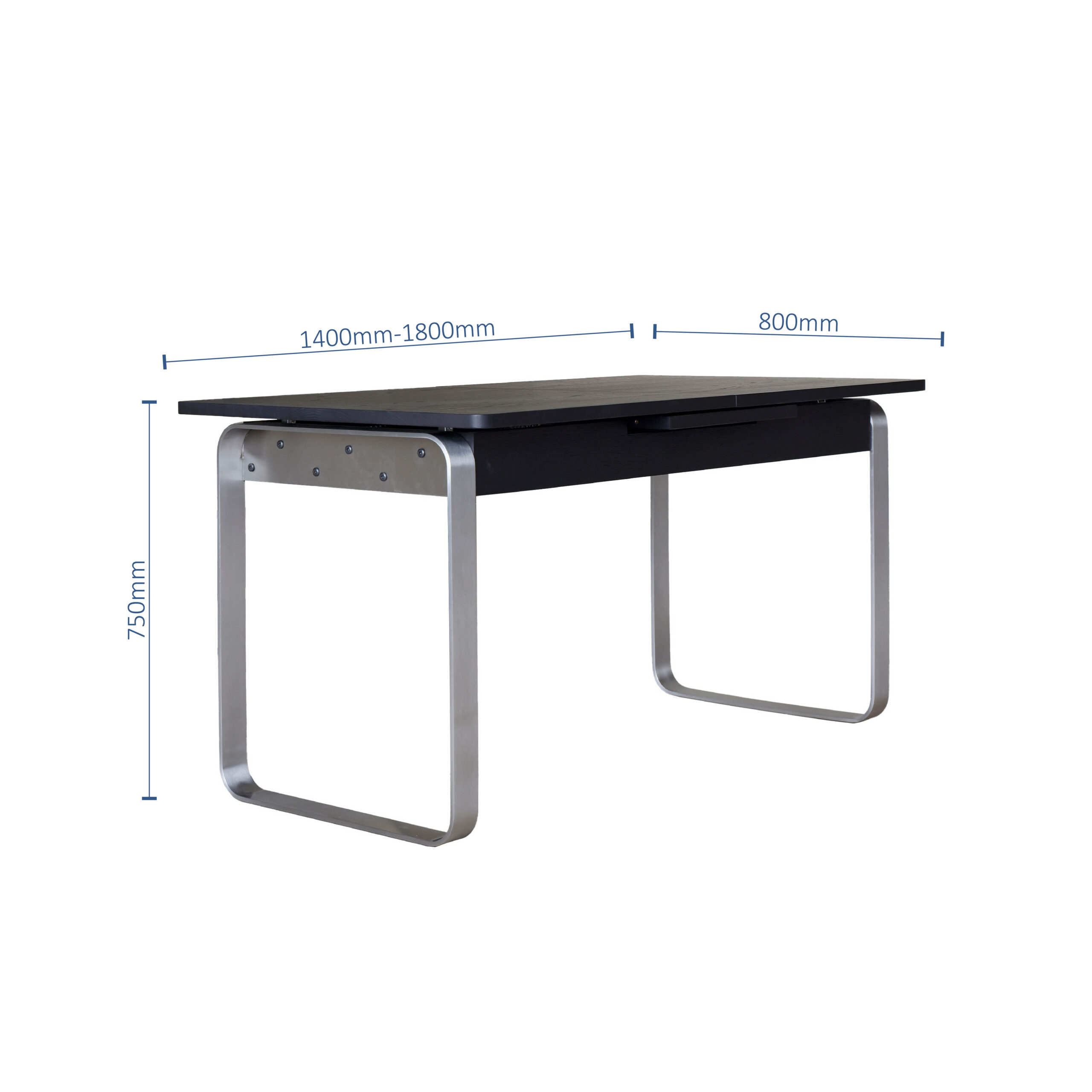 Modern desk with a black rectangular top and metallic legs; dimensions labelled as 1400mm–1800mm wide, 800mm deep, and 750mm high.