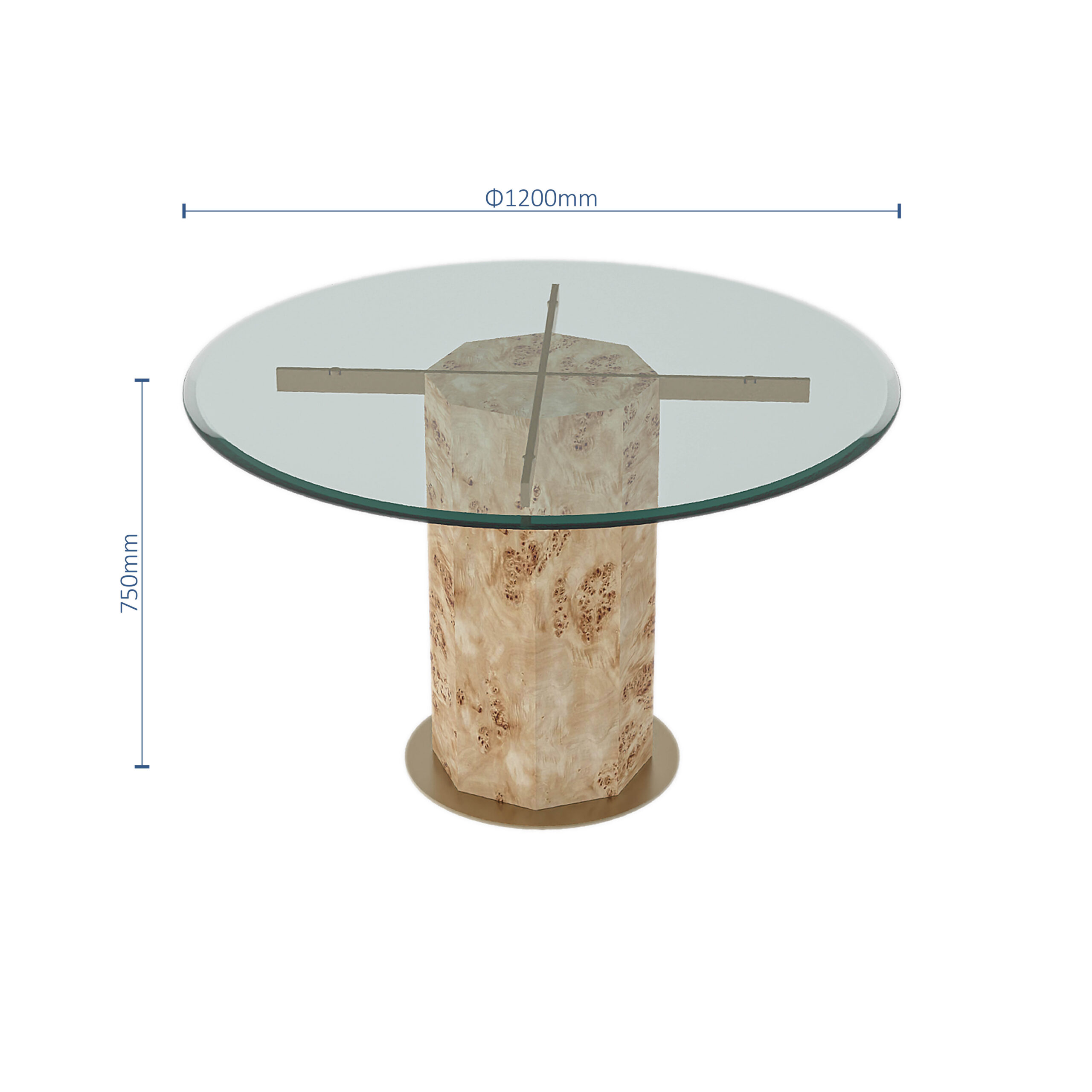 Round glass-top table with a cylindrical, marble-look base and metal cross supports. The table is 1200mm in diameter and 750mm in height, as indicated by measurement lines.