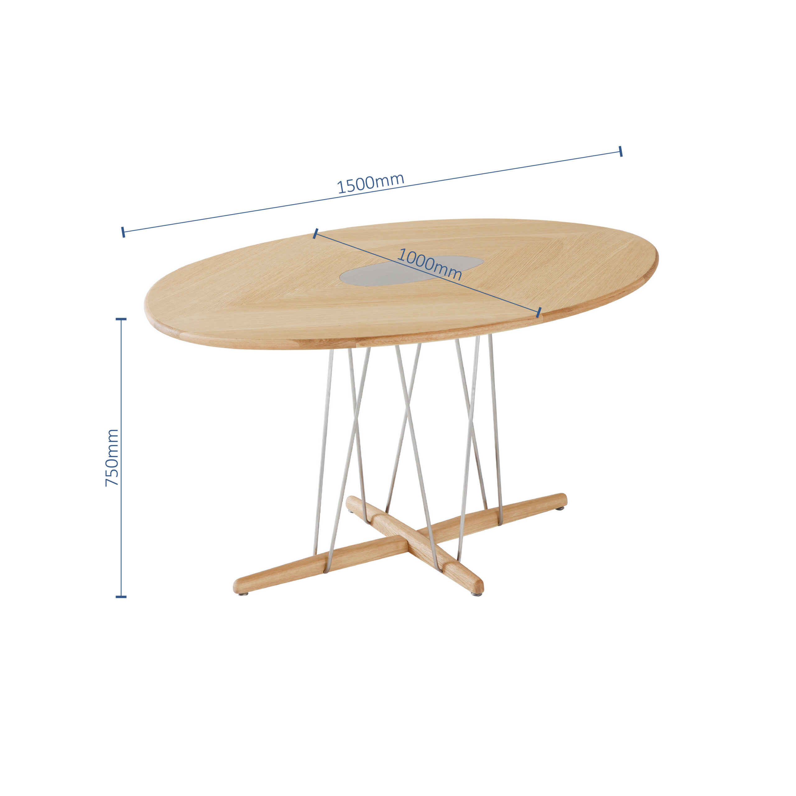 Oval wooden table with metal legs and cross base. Dimensions labelled: 1500mm length, 1000mm width, and 750mm height.