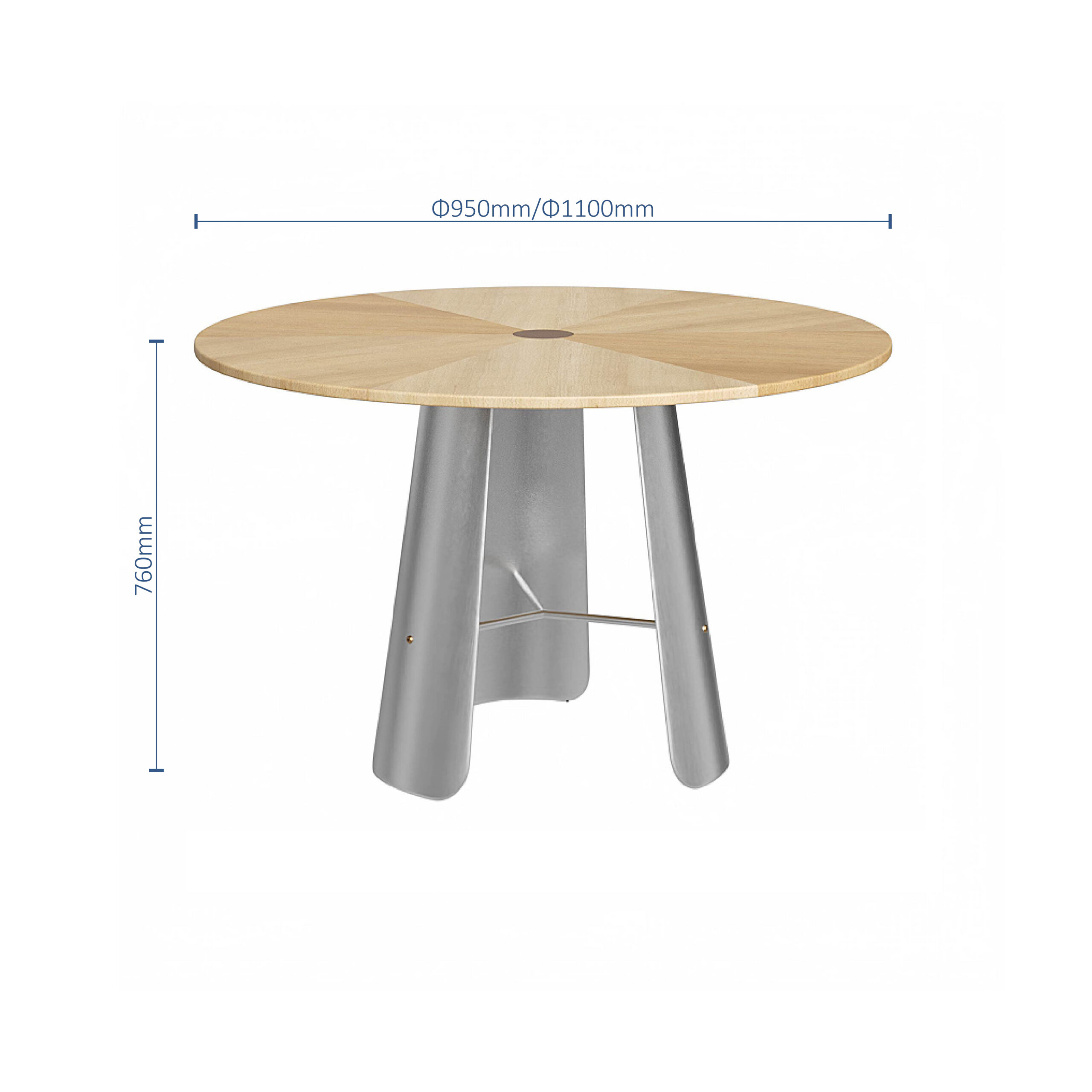 Round table with a light wood top and metallic base, shown against a white background. Dimensions are marked: diameter 950mm/1100mm and height 760mm.