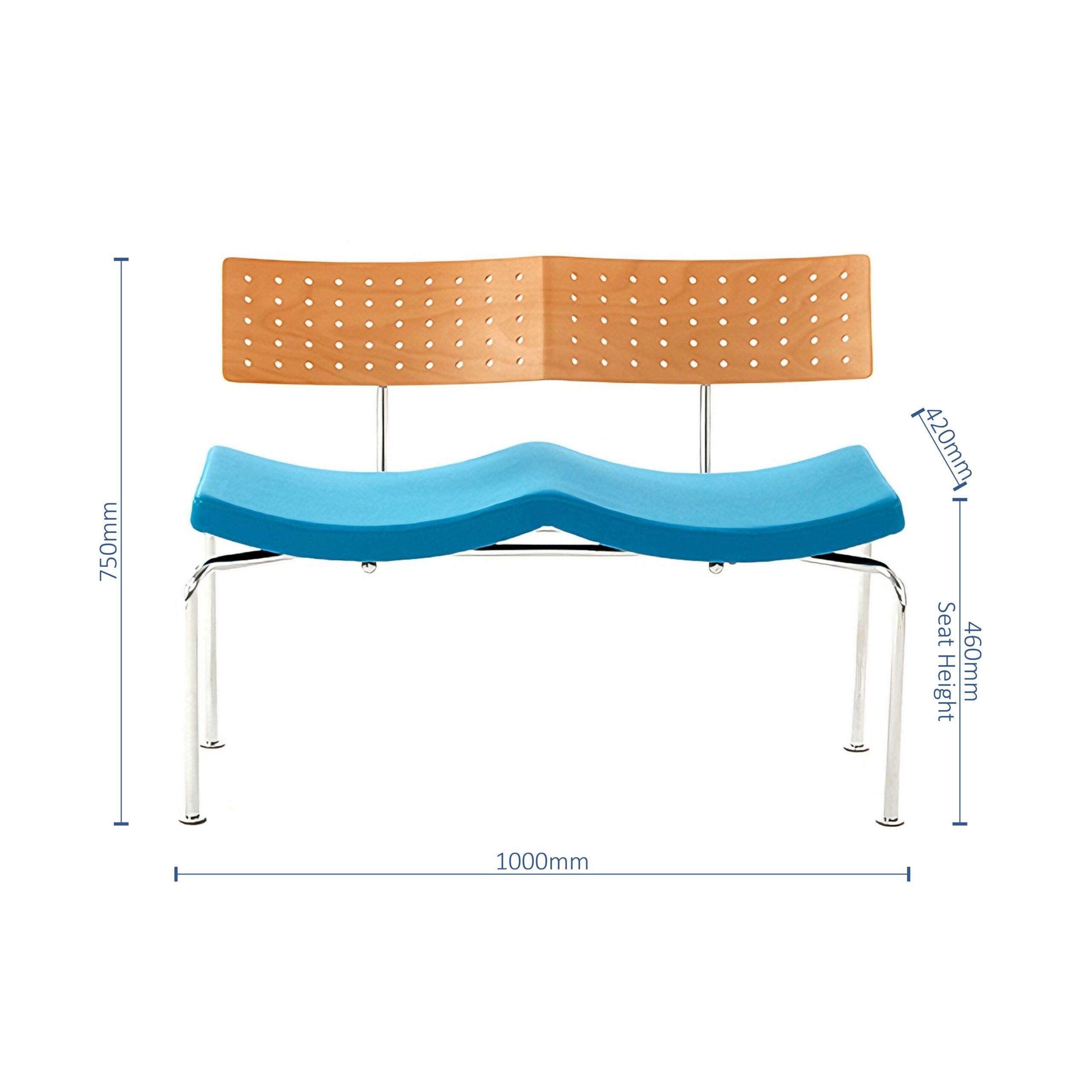 A modern bench with a light wood perforated backrest, blue contoured seat, metal legs, and labelled measurements: 750mm height, 1000mm width, 420mm backrest height, and 460mm seat height.