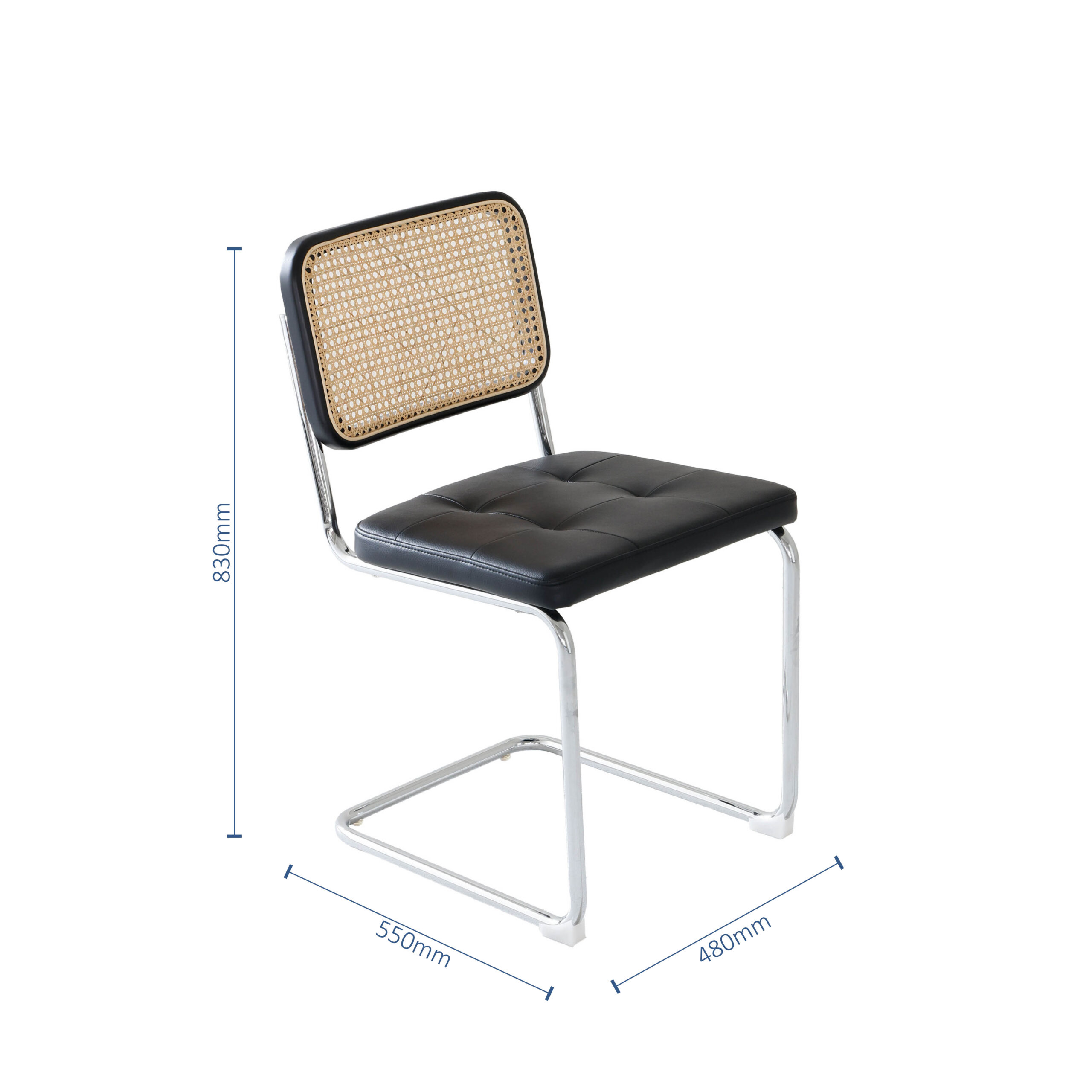 A modern chair with a chrome cantilever frame, black cushioned seat, and a woven cane backrest. Dimensions are labelled as 830mm high, 550mm deep, and 490mm wide.