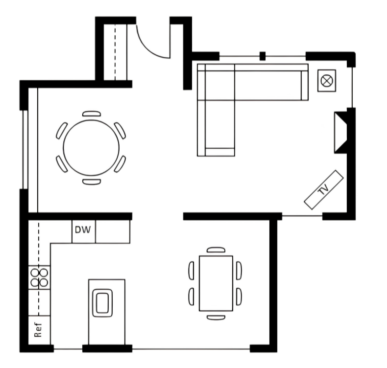 Black and white floor plan showing a living room with an L-shaped sofa, TV, and round table, a kitchen with appliances, and a dining area with a rectangular table and four chairs.