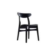 A modern black wooden chair with a curved backrest and simple, clean lines, placed against a plain white background.