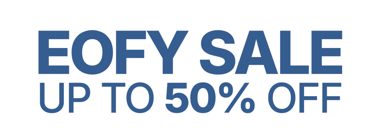 Blue text on a white background reads, EOFY SALE UP TO 50% OFF, advertising an end of financial year sale with discounts of up to 50 per cent.