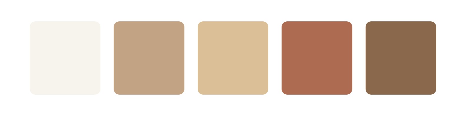 Five square colour swatches in a row, ranging from light beige on the left to medium brown on the right, with gradual shades between.